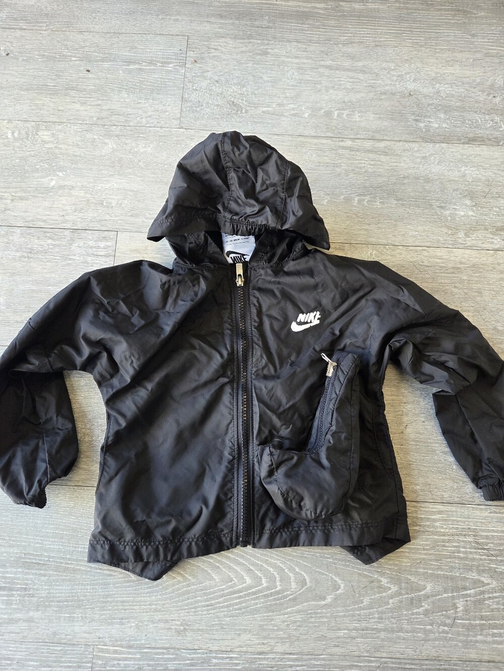 Nike Black Kids Hooded Rain Jacket with White Logo & Built In Swoosh Fanny Pack